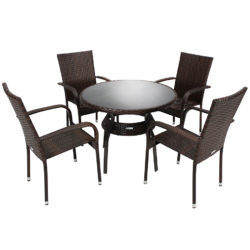 Charles Bentley Rattan Dining Set Table And 4 Armchairs Wicker Set - Dark Brown